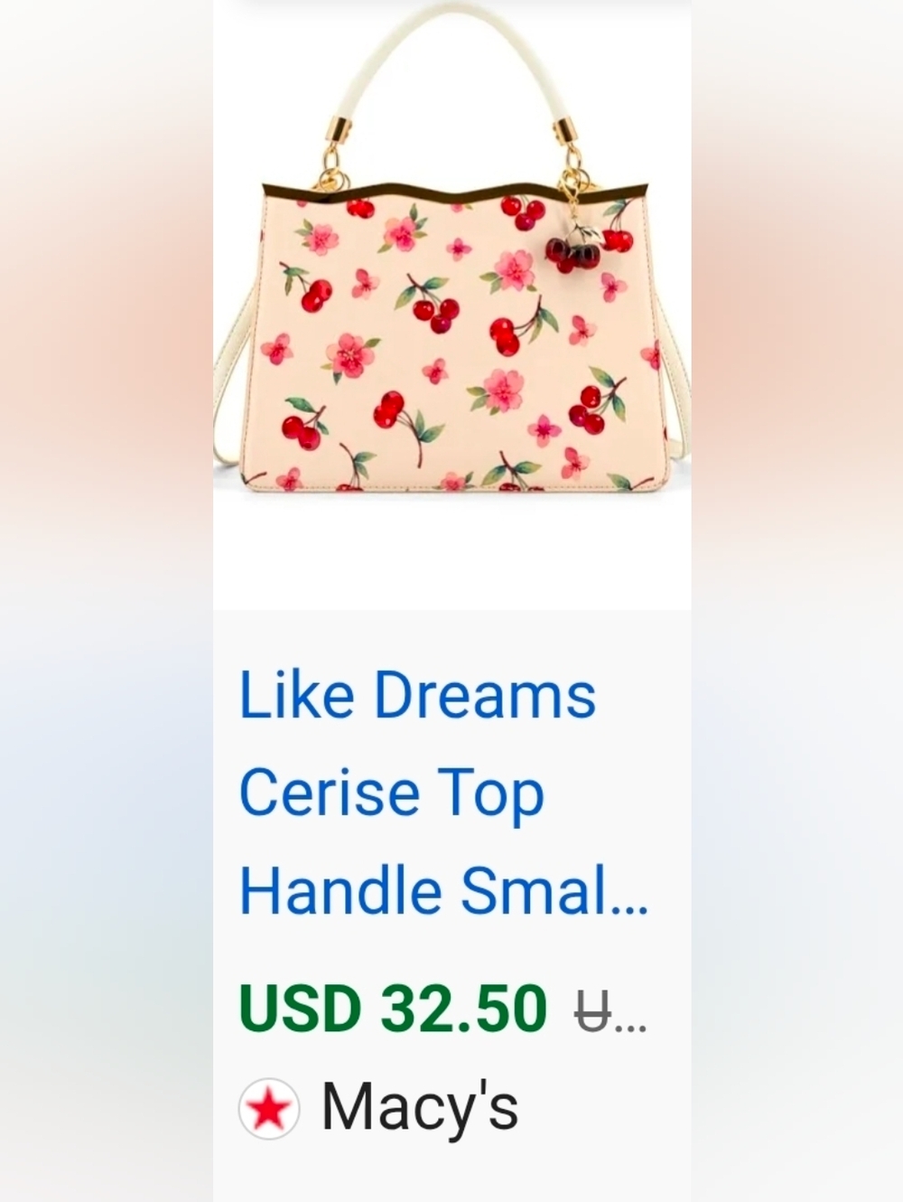 White Cherry Print Tote Bag with Matching Cherry Tassel Charm - Picture 5 of 9